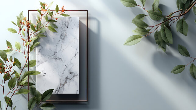 Elegant marble framed mirror with green foliage on a light gray background for modern decor