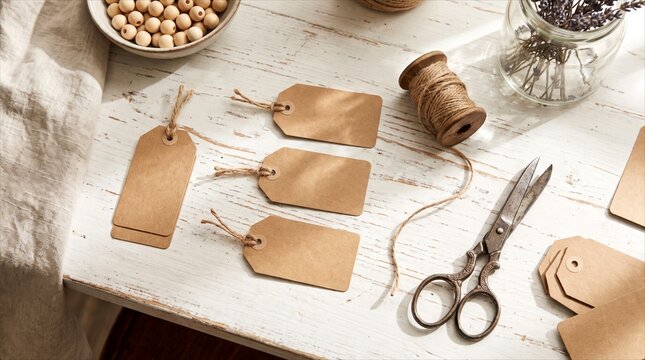 Handmade crafting flat lay with blank kraft paper tags and natural twine mockup