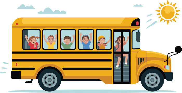Happy children riding a yellow school bus and waving hands on a sunny day vector illustration