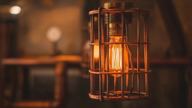 Vintage industrial style warm glowing light bulb in metal cage with blurred background in cozy interior
