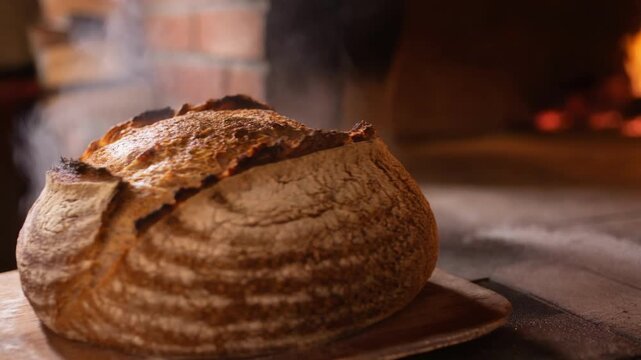 Freshly baked artisan sourdough bread with crusty golden texture in rustic wood fired oven setting