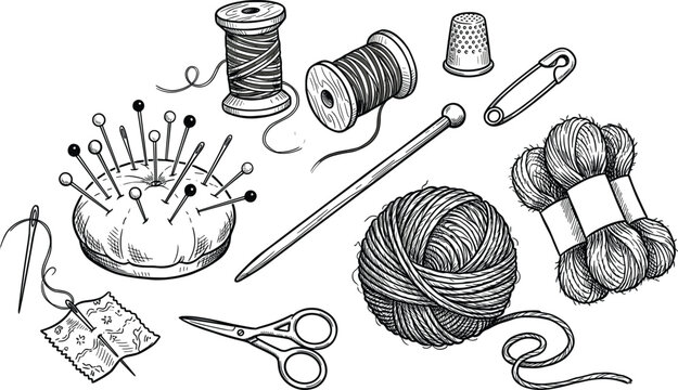 Vintage style sewing tools collection containing pin cushion scissors yarn balls thread spools needle thimble and safety pin