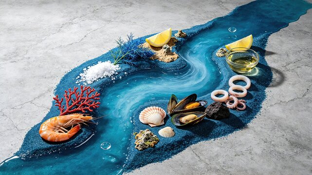 Creative Winding Blue Sand Ocean River Seafood Composition Prawn, Shellfish, Squid, Red Coral, Lemon Wedges Grey Marble Background