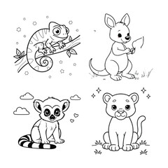 Animal coloring page for kids chameleon kangaroo lemur lion cub outline art © Shakhawat Hossen