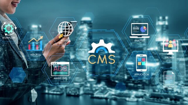 Business professional using smartphone with icons for content management system and analytics in a cityscape at night, showcasing digital marketing solutions. Entropy.