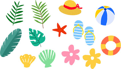 Obraz premium Summer vacation icon set with tropical palm leaves, beach hat, flip flops, lifebuoy, beach ball, starfish, and seashells isolated on white background