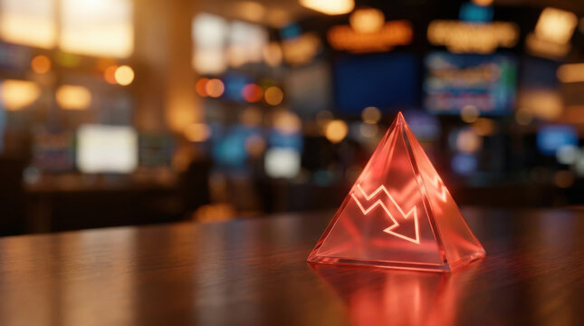 Economic recession risk concept with glowing glass pyramid and falling chart in blurred trading room