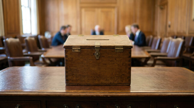 Wooden ballot box election vote meeting conference room parliament chamber wooden table political decision concept