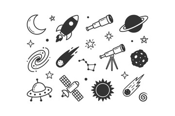 A charming collection of hand-drawn space and astronomy icons featuring planets, stars, rockets, and celestial bodies in a simple doodle style © DzgnVibe