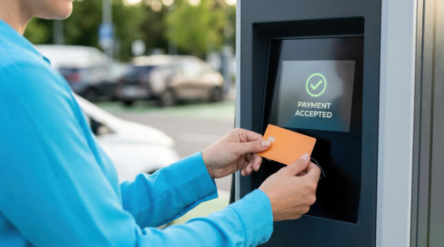Payment terminal close up contactless payment charging station card payment accepted electric vehicle outdoor kiosk modern payment system hand