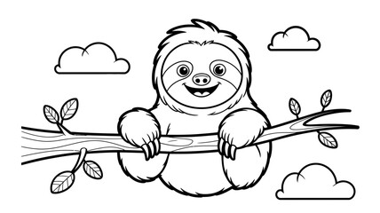 Fototapeta premium Happy sloth hanging on a tree branch cartoon coloring page for children with coloring illustration monochrome