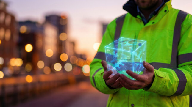 Half body engineer in safety jacket with glowing cube on blurred city street at dusk