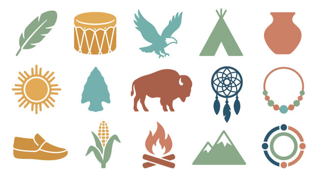 Collection of Native American cultural symbols and icons, including a feather, drum, eagle, teepee, and pottery.
