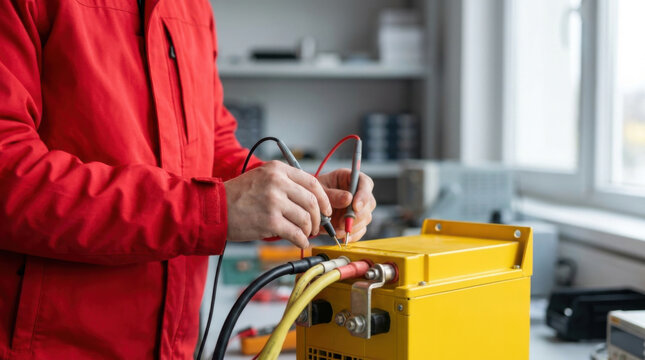 Yellow converter module, electrical test, technician hands, cable connection, laboratory equipment, voltage measurement, power supply