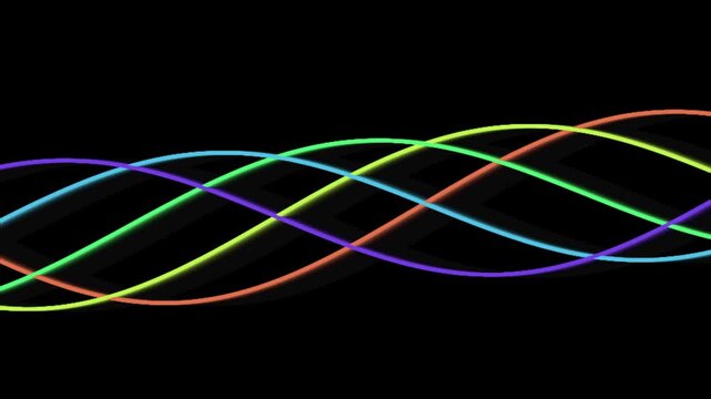 Abstract waves motion background with five colored sine curves slowly moving horizontally and glowing, seamless loop for screen content.