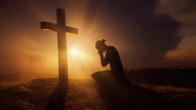 Silhouette of a person praying near a wooden cross at sunset with warm glowing light and peaceful landscape