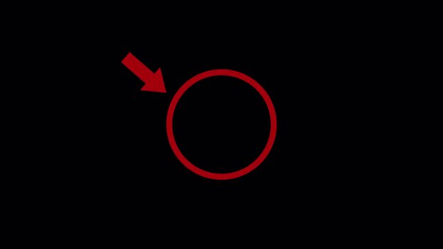 Animated Red circle spotted with arrow on transparent background. highlight arrow pointing Symbolizing Attention, Error, or Important Notification with Alpha Channel in 4K