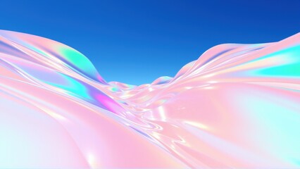 Naklejka premium Abstract fluid shapes, iridescent colors, blue sky backdrop. Smooth curves create dynamic visual impact. Minimalist design, modern aesthetic.