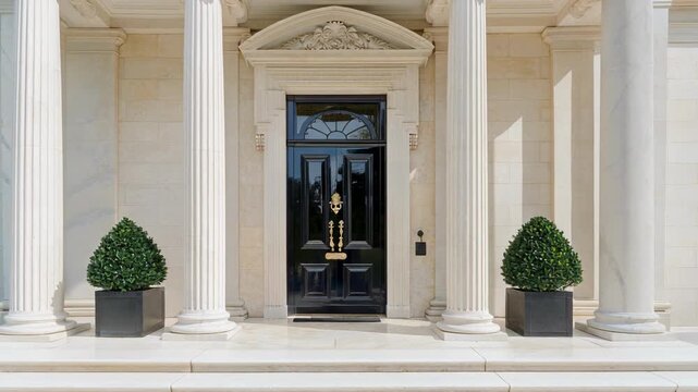 Elegant grand entrance with black door and classical white marble columns in luxurious mansion exterior