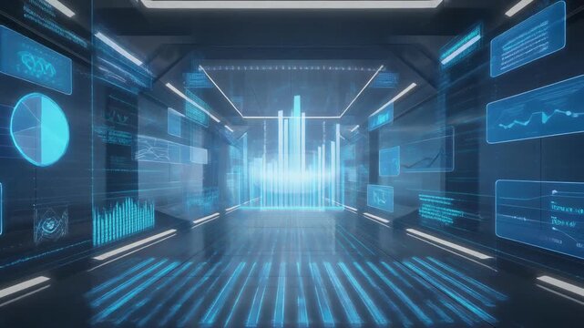 Futuristic digital data visualization with holographic charts and graphs in a high tech virtual environment