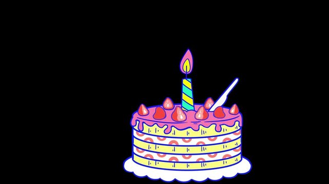 Birthday cake with a lit candle. Strawberry dessert illustration for celebration events.
