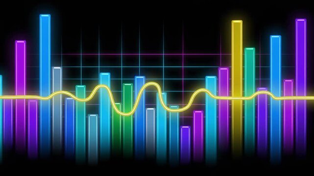 Colorful glowing bar chart with yellow line graph on dark background for data analysis and business insights