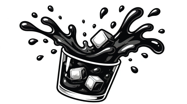 Abstract black splash of cola and bubbles on white background, vector illustration
