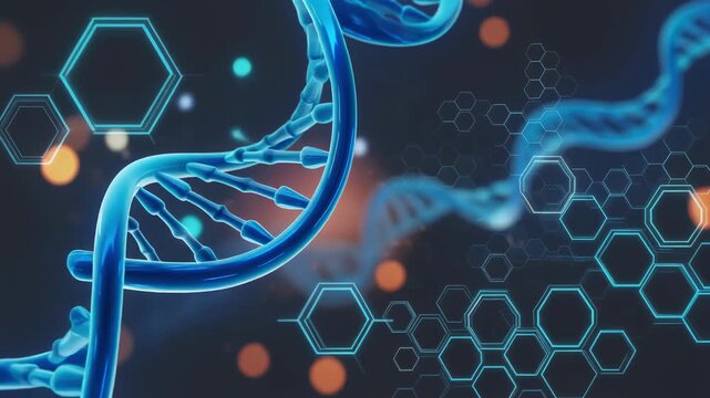 Blue DNA double helix with futuristic hexagonal digital elements and glowing background in science and genetics
