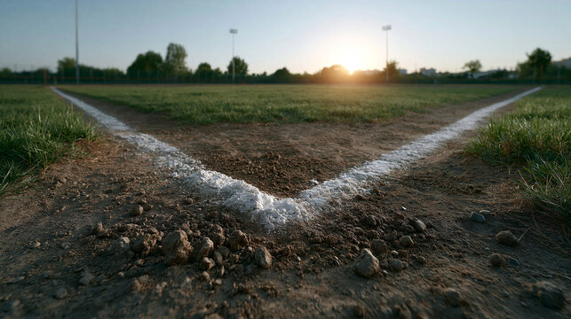 Baseball field foul line chalk line infield dirt grass sunset outdoor stadium sports diamond field