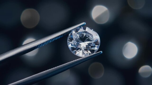 Close up of a sparkling round diamond held by tweezers with bright bokeh background