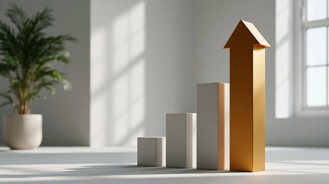 Growth chart rising arrow gold bar graph office interior sunlight