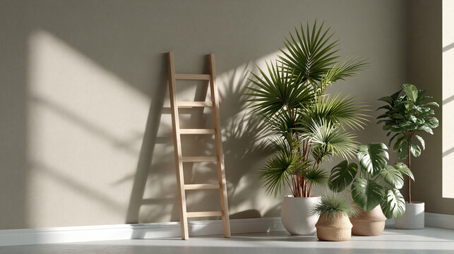 Wooden ladder leaning on wall in sunlit room with potted plants and shadows