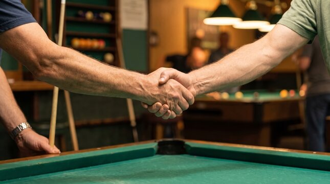 Handshake between two men over a green billiards table in a sports bar or pool hall.