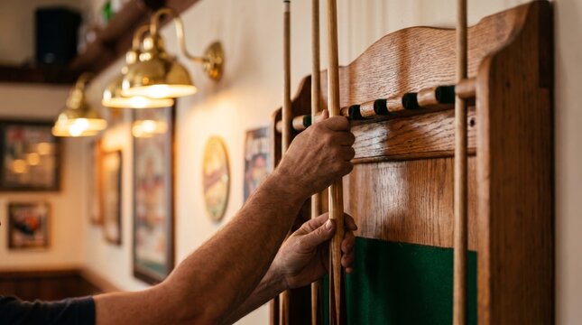 Close up of hands selecting a billiard cue from a wooden wall rack in a traditional pub interior