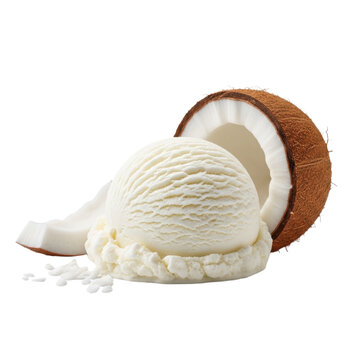 A creamy scoop of vanilla ice cream served with a halved coconut and scattered coconut flakes against a clean white background