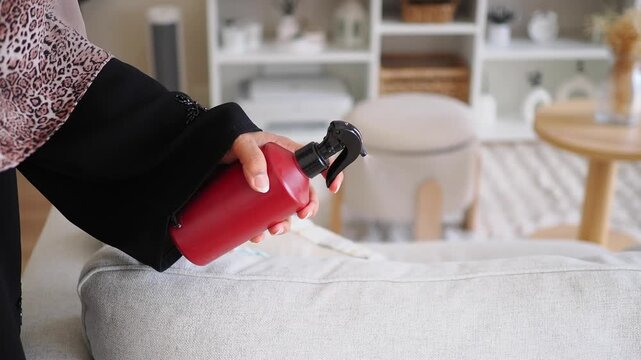 Spraying cleaning solution on sofa in living room