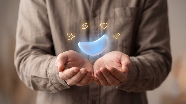 Dental care wellness concept, person holding glowing tooth with leaf, heart, checkmark icons, oral health, natural treatment, hygiene and prevention