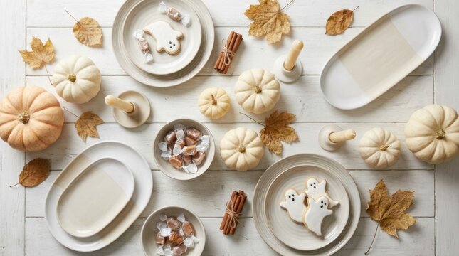 Autumnal Halloween table setting with pumpkins, ghost cookies, and caramel candies