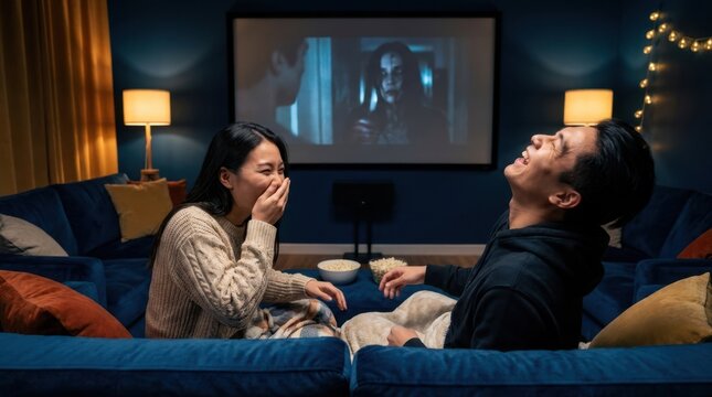 Couple laughing hysterically while watching a scary movie at home