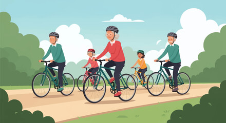 Fototapeta premium Multi-generational group of seniors and children cycling on park path wearing helmets. Vector illustration of active elderly adults and kids exercising outdoors in sunny nature.