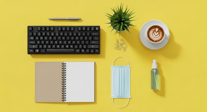 Workspace flatlay with computer keyboard and hygiene essentials