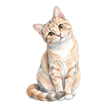 Watercolor Ginger Kitten Portrait Sitting With Head Tilted Cute Orange Tabby Cat Illustration