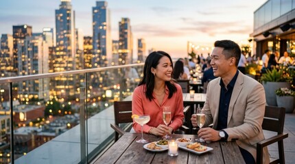 Obraz premium Couple enjoys drinks and city views from a rooftop restaurant at sunset