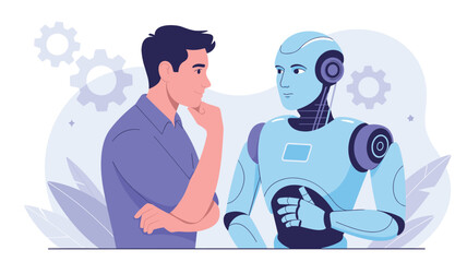 Fototapeta premium Concept of artificial intelligence and human interaction with a man and a futuristic robot looking at each other against a gear background.
