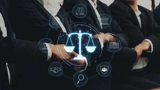 A professional group in business attire engages in a discussion on legal matters, complemented by a digital scale graphic symbolizing justice and order. Raster