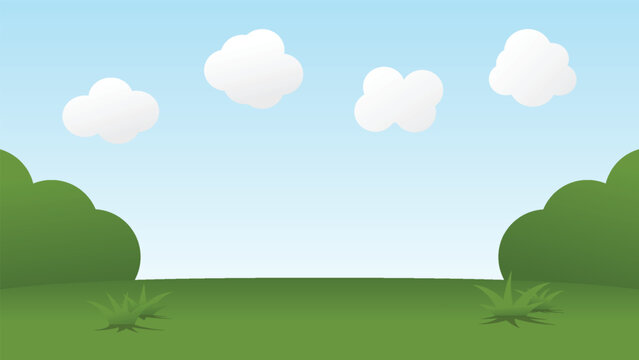 green field with fluffy white clouds and bright blue sky background. beautiful nature landscape with children art style.  outdoor cartoon scene 