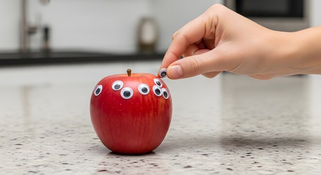 Hand attaching googly eyes to a red apple on kitchen counter