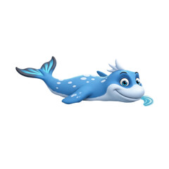 Fototapeta premium Cute blue cartoon dolphin with white spots and friendly expression swimming in the ocean