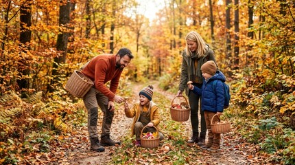Obraz premium Family enjoys mushroom hunting in a vibrant autumn forest with colorful foliage