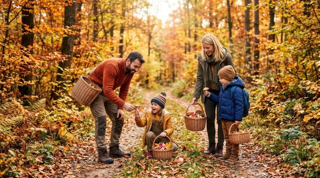Family enjoys mushroom hunting in a vibrant autumn forest with colorful foliage